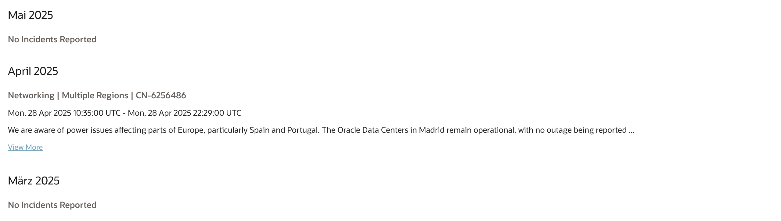 Oracle Cloud Incidents Übersicht Stand 21.05.2025 10.00. Uhr