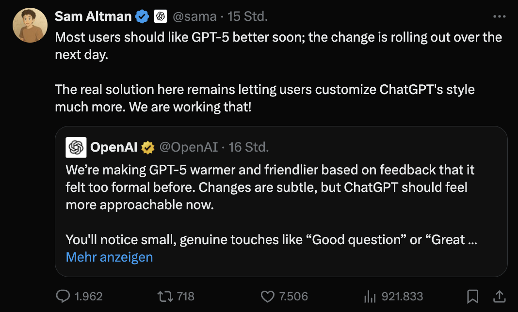 Sam Altman auf X: Update für GPT-5 wird ausgerollt