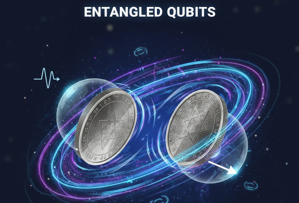 Zwei verschränkte Qubits dargestellt als zwei verbundene, sich drehende Münzen