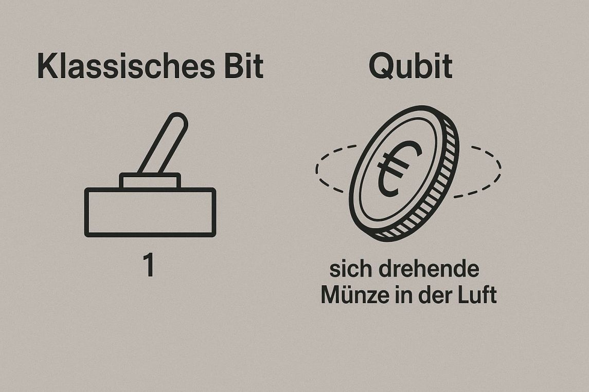 Vergleich zwischen einem klassischen Bit (Schalter) und einem Qubit (sich drehende Münze in der Luft)