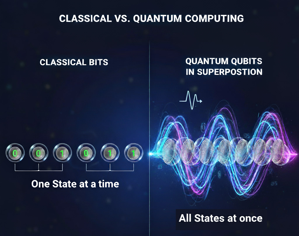 Vergleichsdarstellung - Links: 8 klassische Bits zeigen eine Zahl. Rechts: 8 Qubits in Superposition zeigen alle 256 Möglichkeiten gleichzeitig als überlagerte Welle