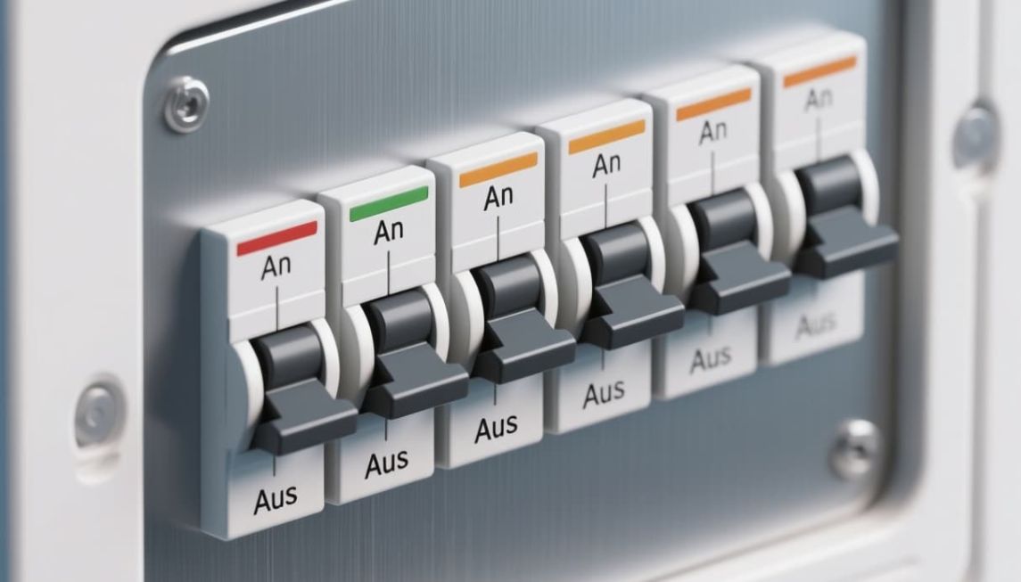 Darstellung von Bits als Lichtschalter - mehrere Schalter in einer Reihe, die entweder An (1) oder Aus (0) zeigen
