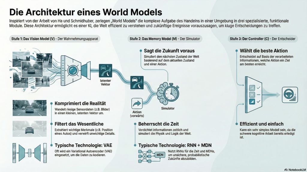 Architektur und Komponenten eines World Models. Erstellt per KI mit NotebookLM
