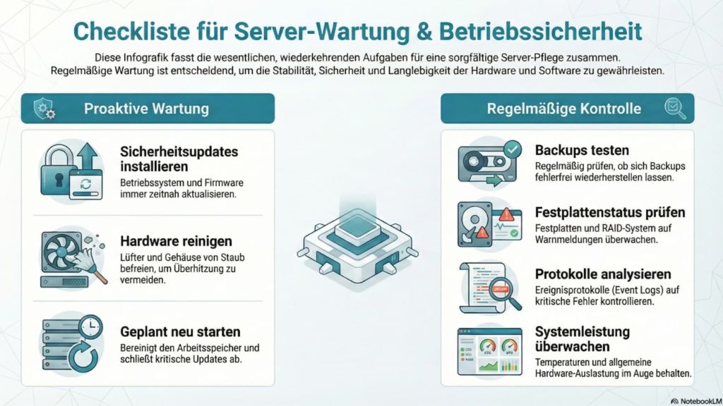 Serverwartung Infografik. Bild erstellt mithilfe von KI (NotebookLM), basierend auf der Expertise von Hardwarewartung.com