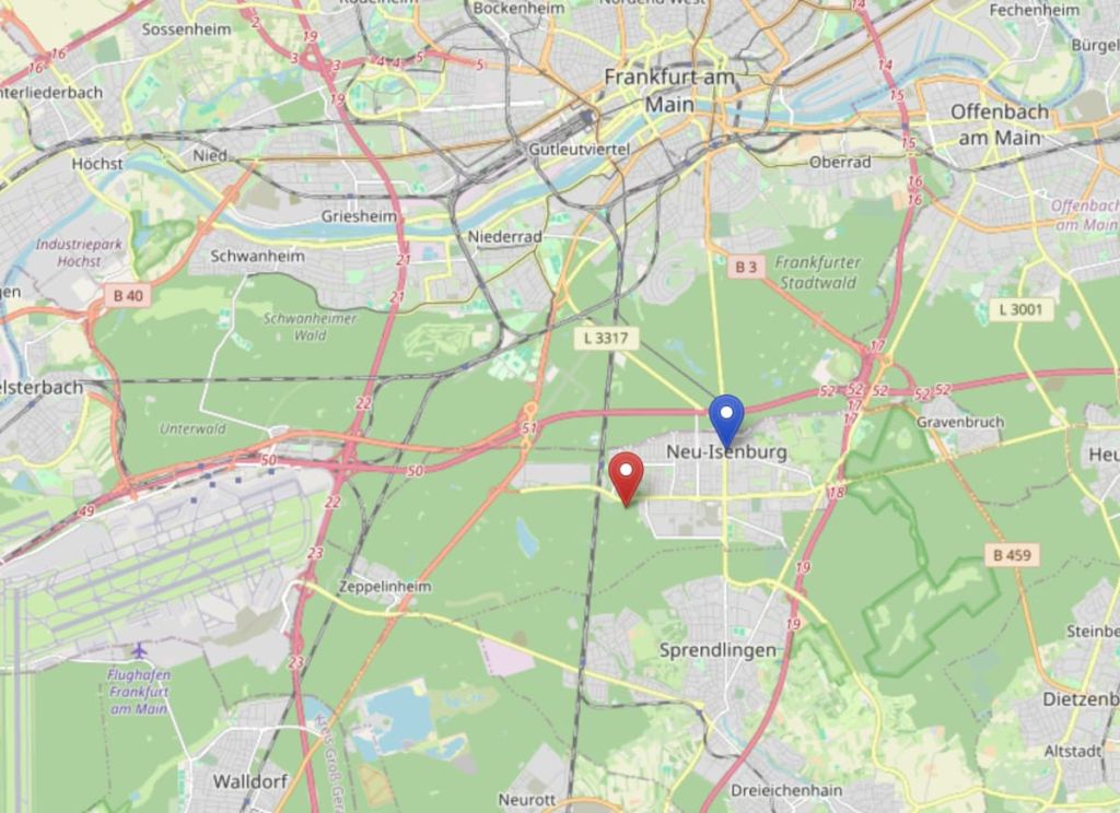 Neu-Isenburg bei Frankfurt: Kartenansicht. Bild: Copyright OpenStreetMap